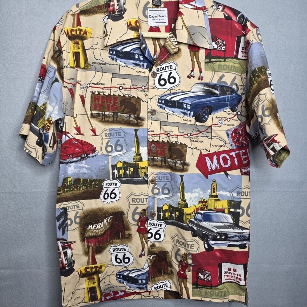 DAVID CAREY Originals Button Down Route 66 Size Medium Cotton Rayon - Picture 2 of 7